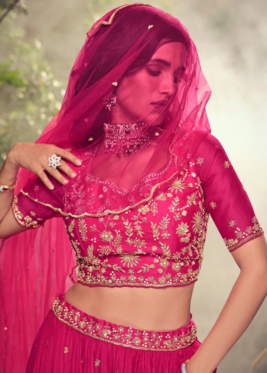 Magenta Pink Embroidered Chinon Silk Lehenga Choli Set - House of Sarvati LLC