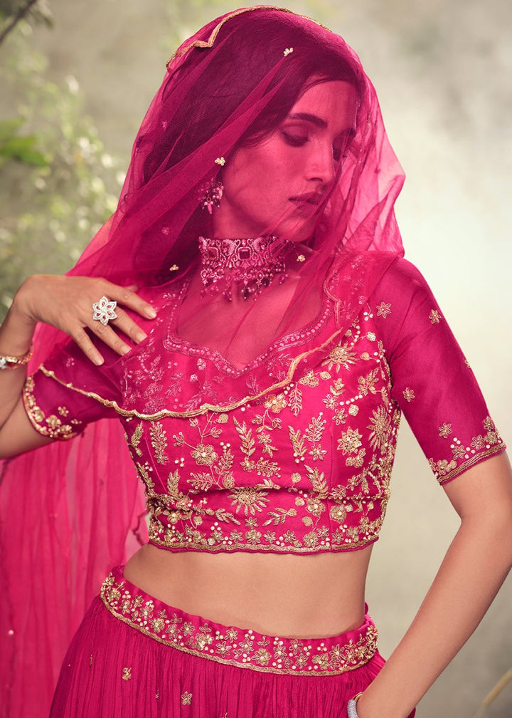 Magenta Pink Embroidered Chinon Silk Lehenga Choli Set - House of Sarvati LLC