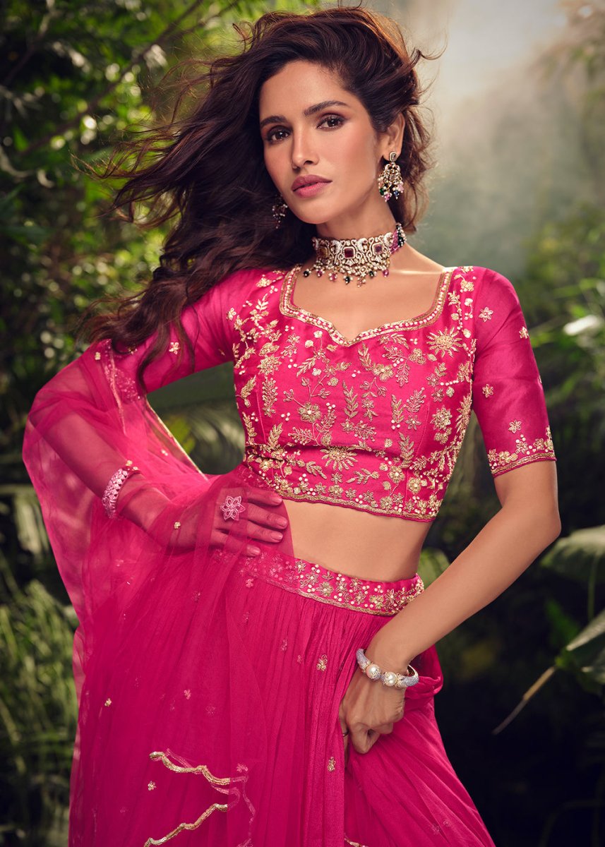 Magenta Pink Embroidered Chinon Silk Lehenga Choli Set - House of Sarvati LLC