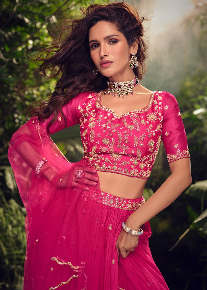 Magenta Pink Embroidered Chinon Silk Lehenga Choli Set - House of Sarvati LLC