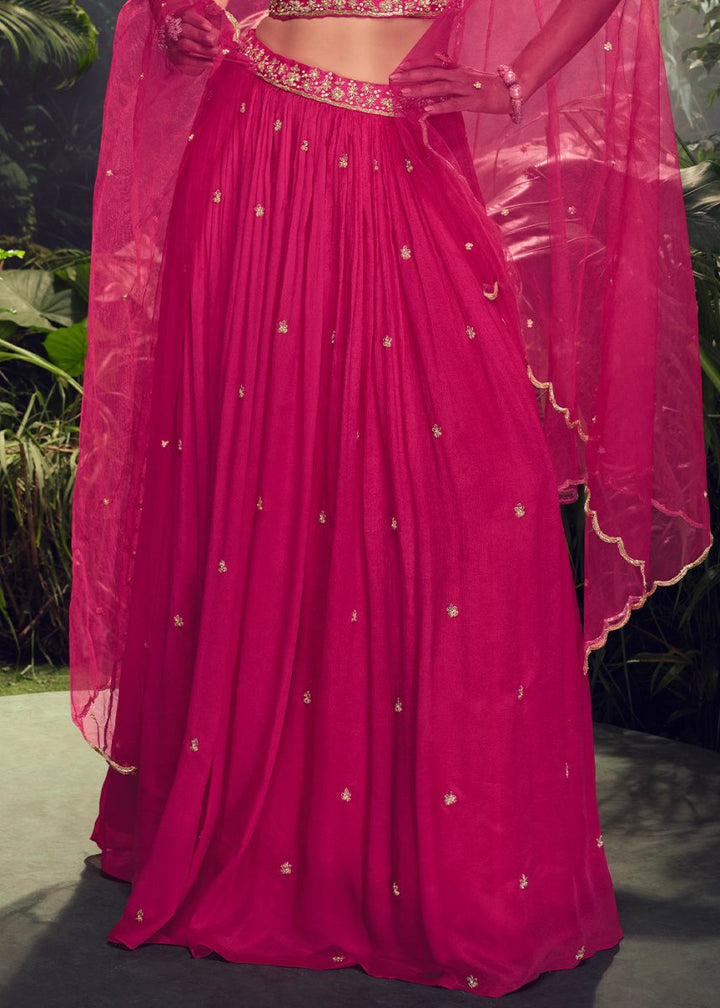 Magenta Pink Embroidered Chinon Silk Lehenga Choli Set - House of Sarvati LLC
