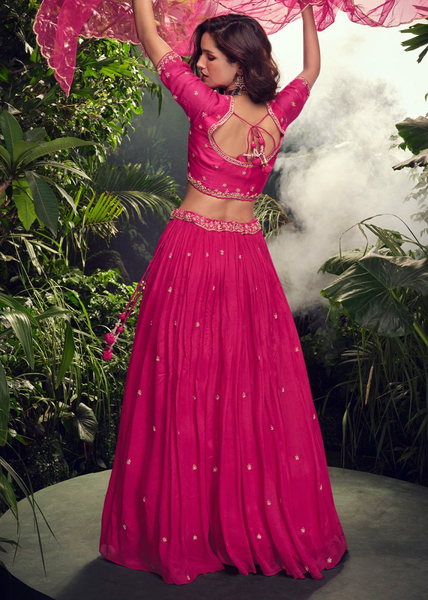 Magenta Pink Embroidered Chinon Silk Lehenga Choli Set - House of Sarvati LLC