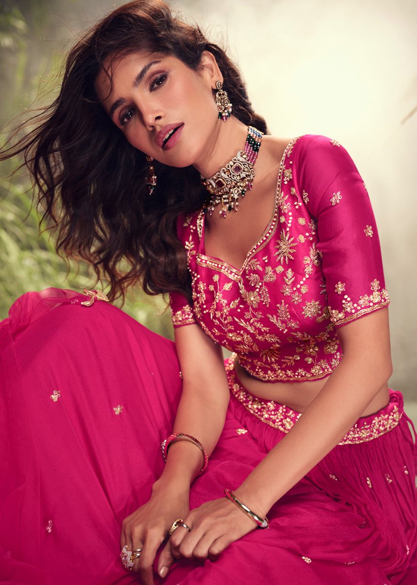 Magenta Pink Embroidered Chinon Silk Lehenga Choli Set - House of Sarvati LLC