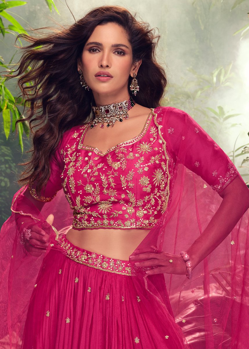 Magenta Pink Embroidered Chinon Silk Lehenga Choli Set - House of Sarvati LLC