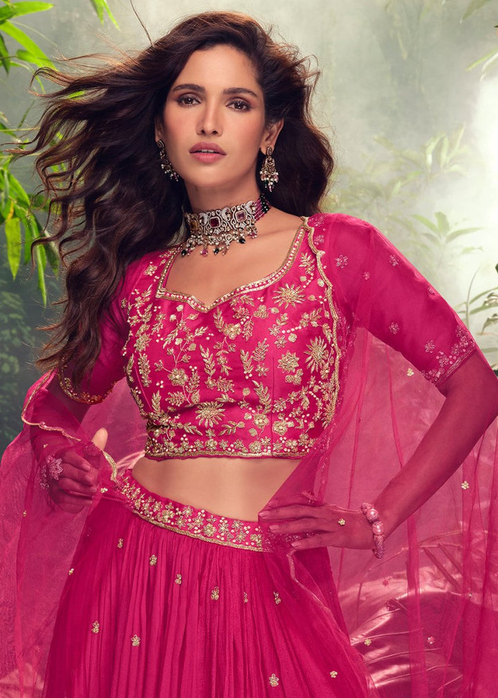Magenta Pink Embroidered Chinon Silk Lehenga Choli Set - House of Sarvati LLC