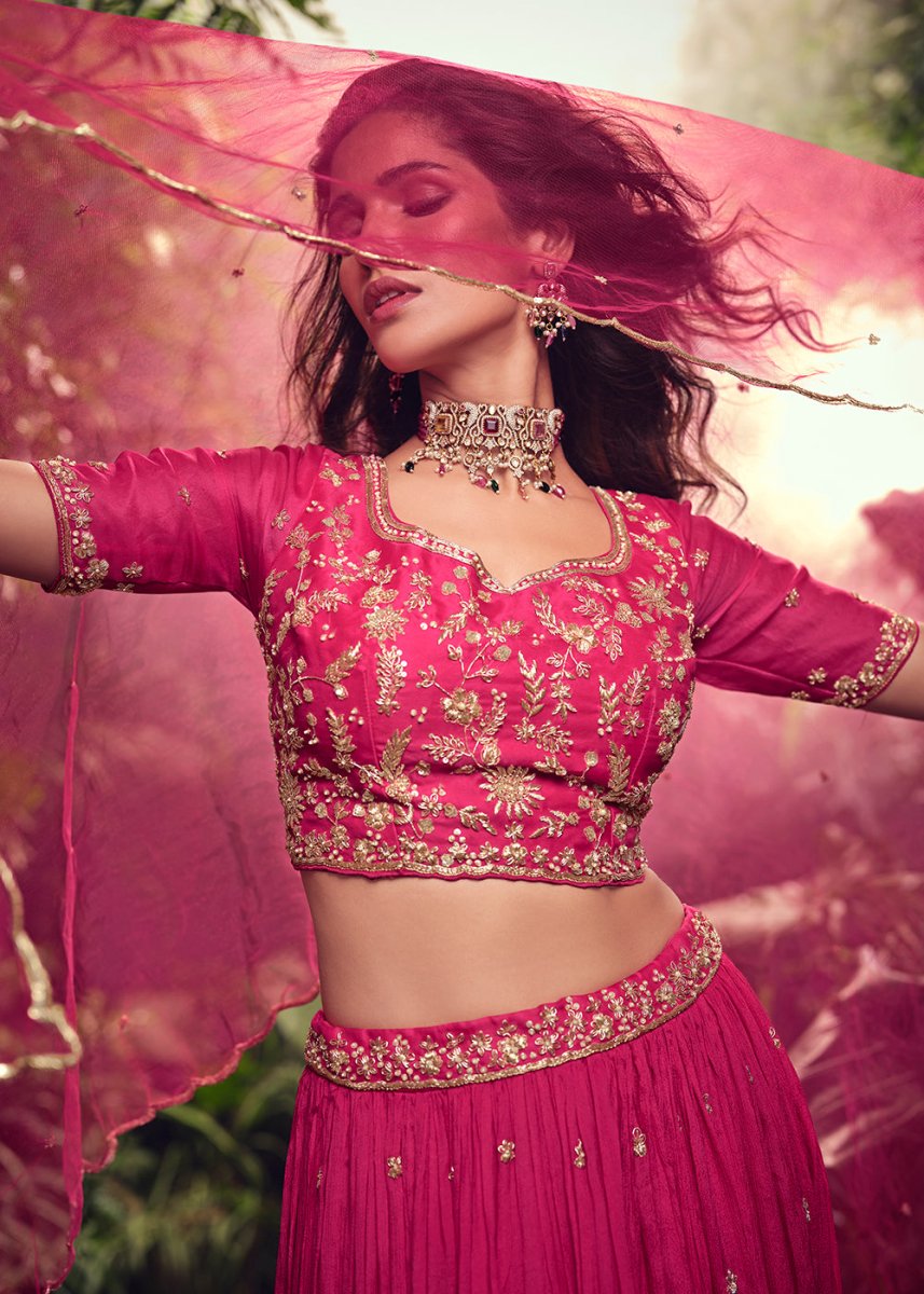 Magenta Pink Embroidered Chinon Silk Lehenga Choli Set - House of Sarvati LLC