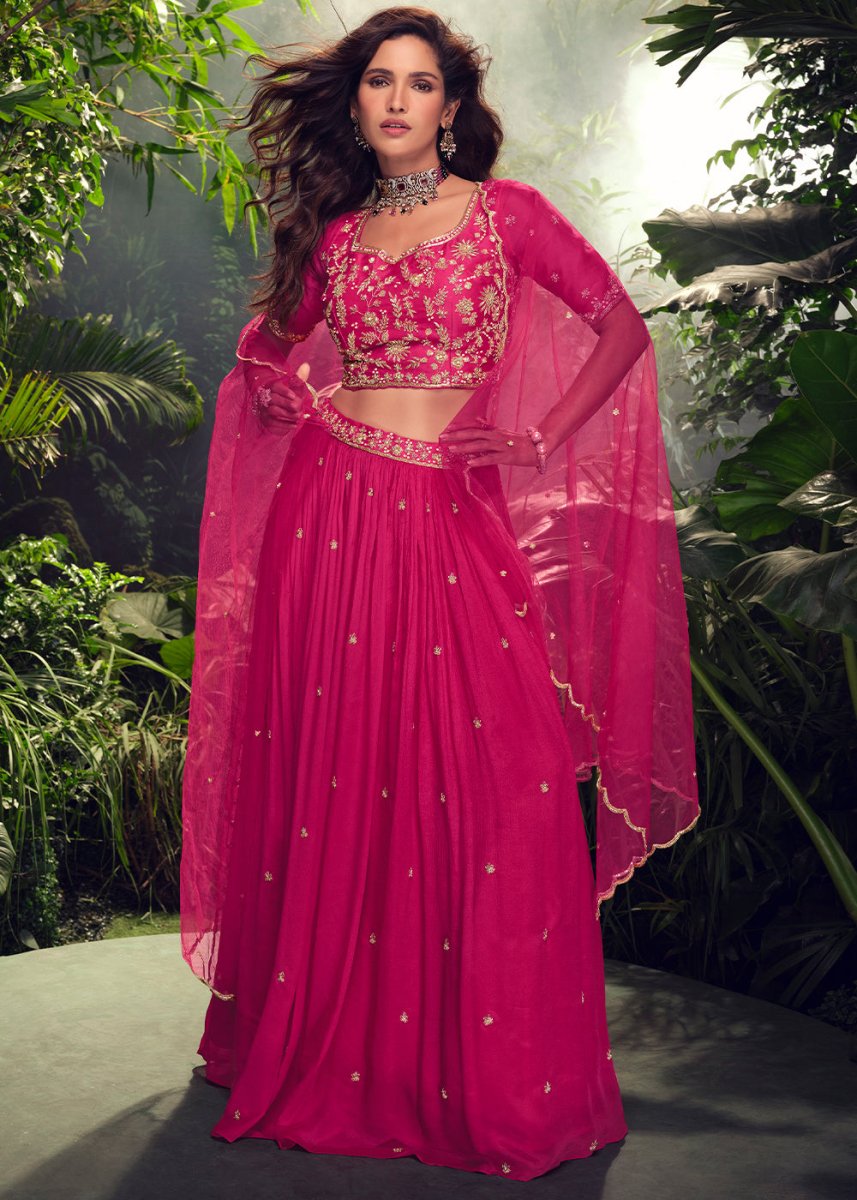 Magenta Pink Embroidered Chinon Silk Lehenga Choli Set - House of Sarvati LLC