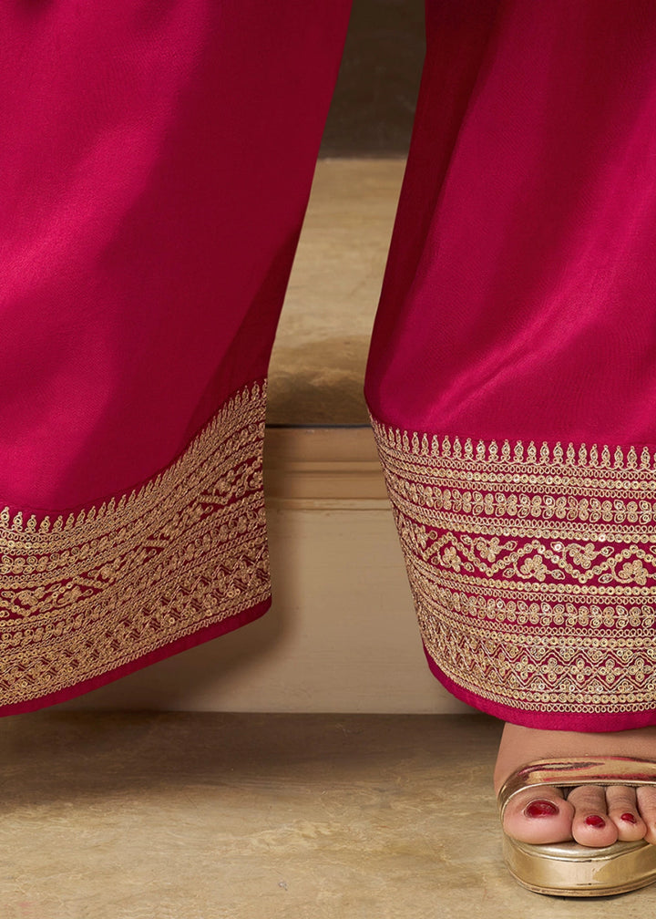 Magenta Pink Embroidered Munga Silk Suit with Jacquard Floral Detailing - House of Sarvati LLC