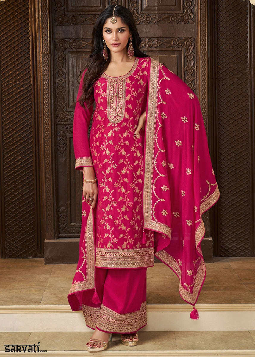 Magenta Pink Embroidered Munga Silk Suit with Jacquard Floral Detailing - House of Sarvati LLC