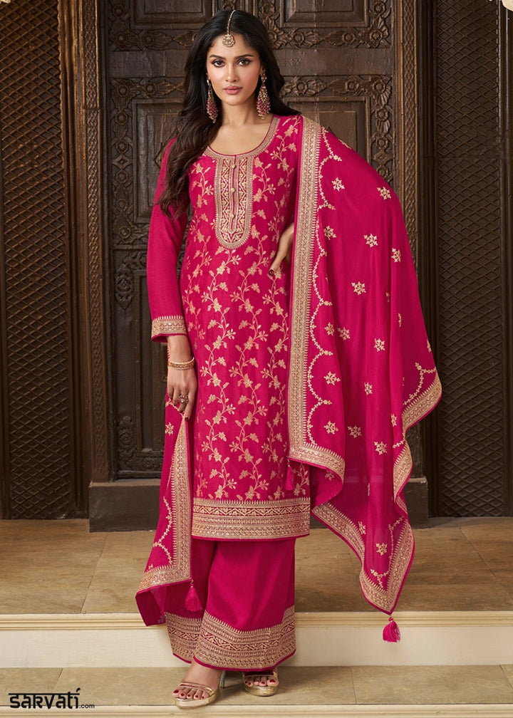 Magenta Pink Embroidered Munga Silk Suit with Jacquard Floral Detailing - House of Sarvati LLC