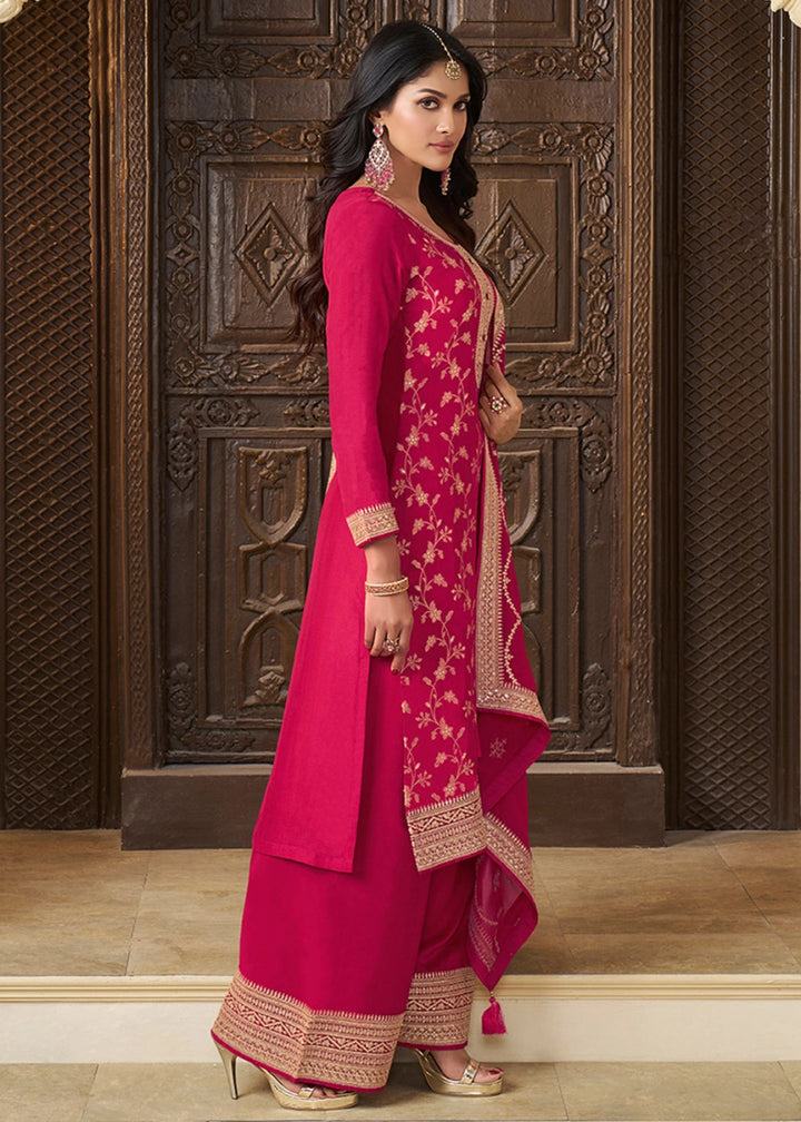 Magenta Pink Embroidered Munga Silk Suit with Jacquard Floral Detailing - House of Sarvati LLC