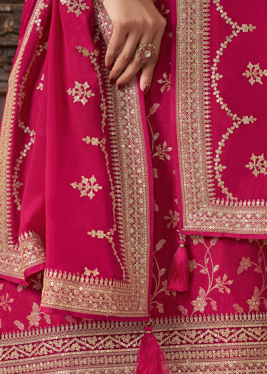 Magenta Pink Embroidered Munga Silk Suit with Jacquard Floral Detailing - House of Sarvati LLC