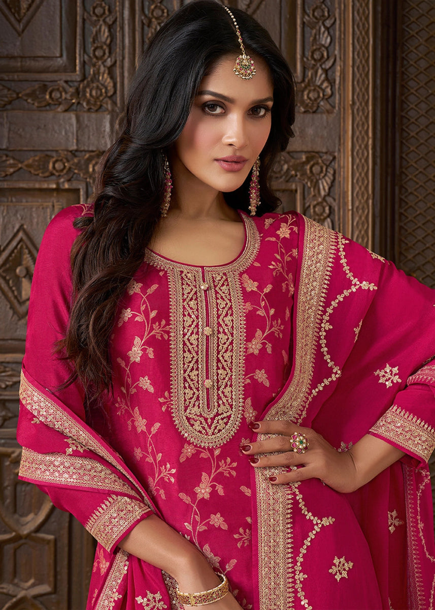 Magenta Pink Embroidered Munga Silk Suit with Jacquard Floral Detailing - House of Sarvati LLC