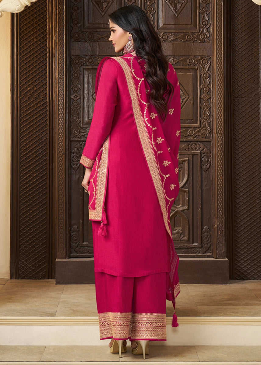 Magenta Pink Embroidered Munga Silk Suit with Jacquard Floral Detailing - House of Sarvati LLC