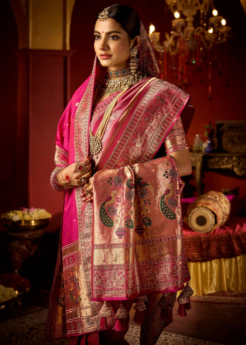 Magenta Pink Kadwa Kasab Silk Saree with Swarovski Accents & Zircon Embroidery – With Dupatta - House of Sarvati LLC