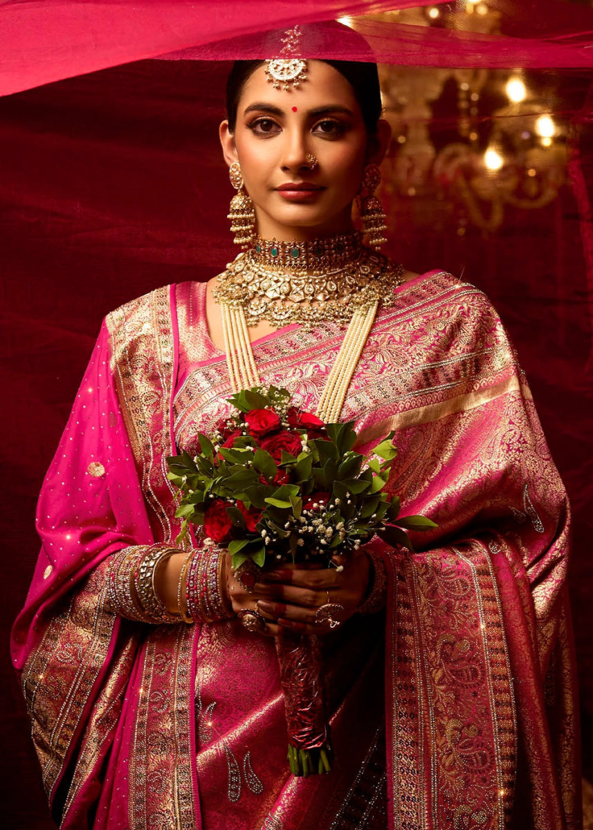 Magenta Pink Kadwa Kasab Silk Saree with Swarovski Accents & Zircon Embroidery – With Dupatta - House of Sarvati LLC