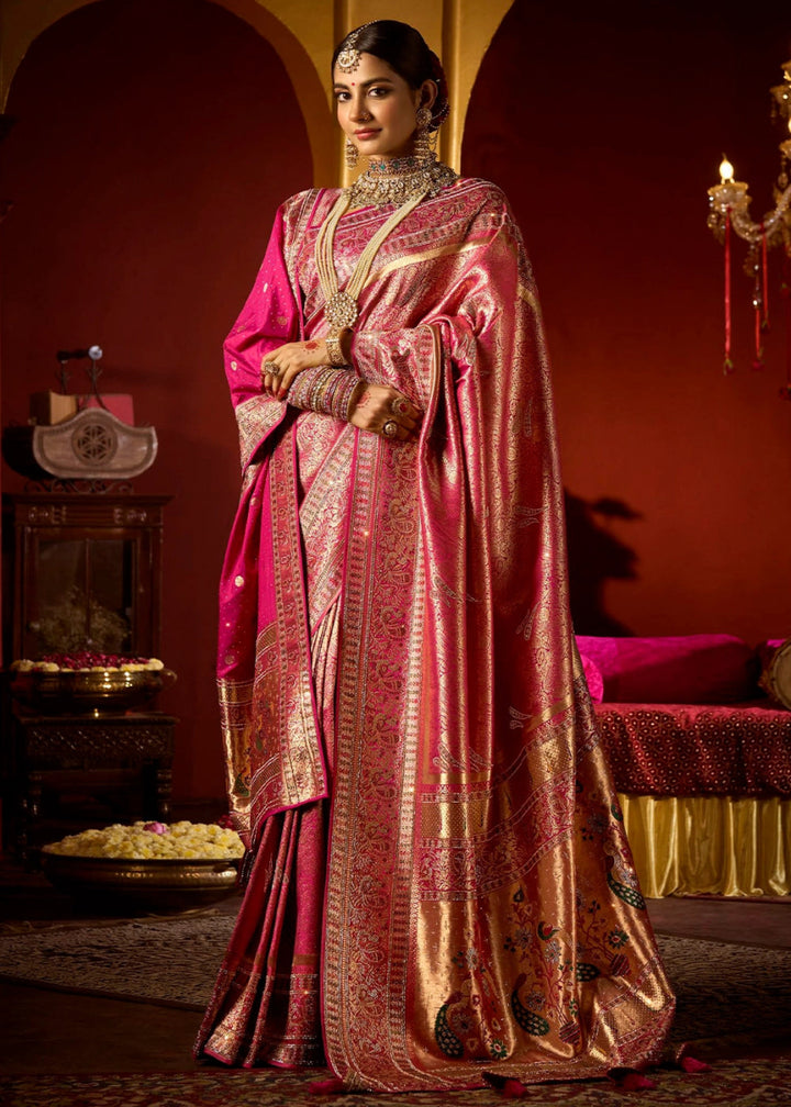 Magenta Pink Kadwa Kasab Silk Saree with Swarovski Accents & Zircon Embroidery – With Dupatta - House of Sarvati LLC