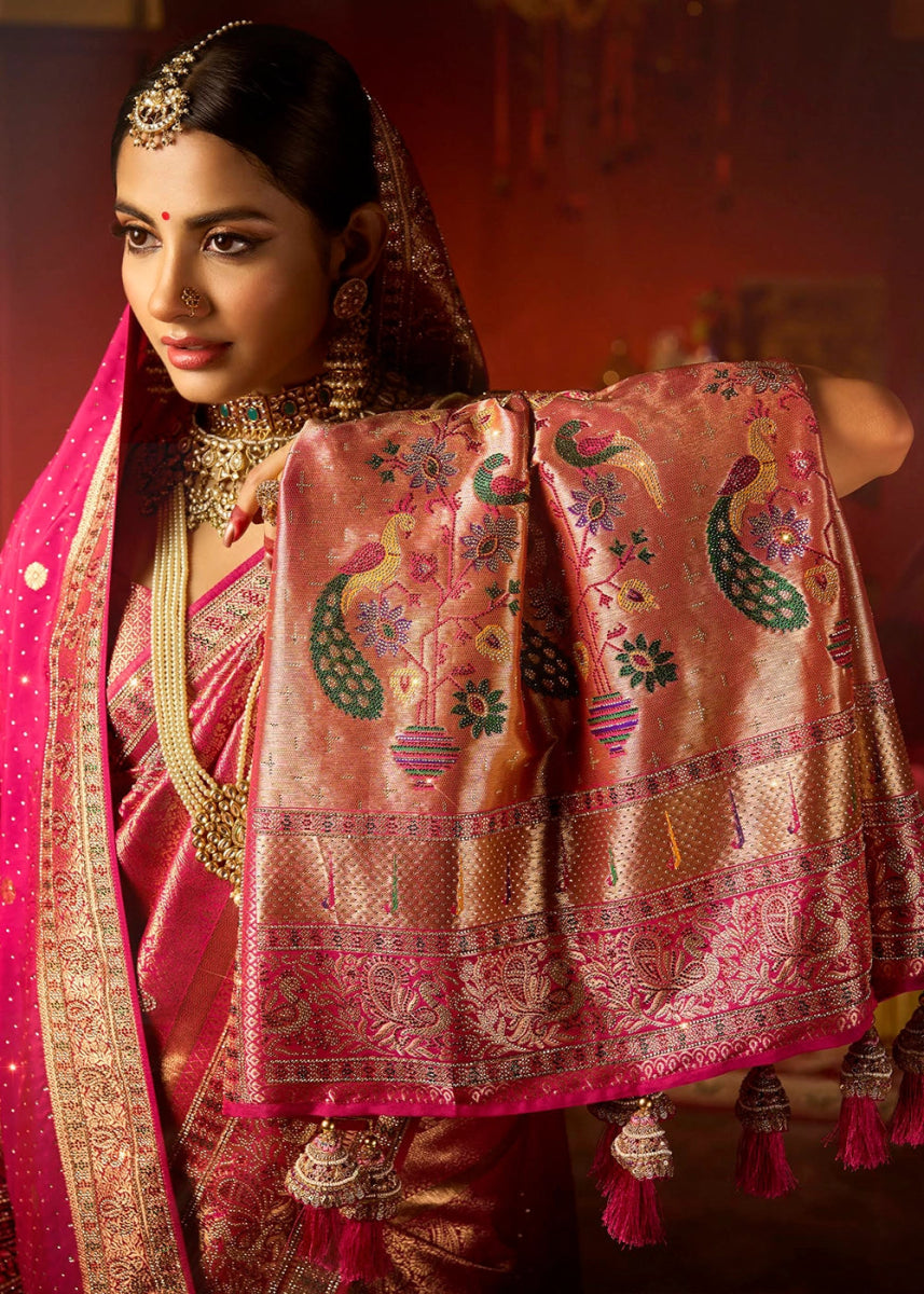 Magenta Pink Kadwa Kasab Silk Saree with Swarovski Accents & Zircon Embroidery – With Dupatta - House of Sarvati LLC