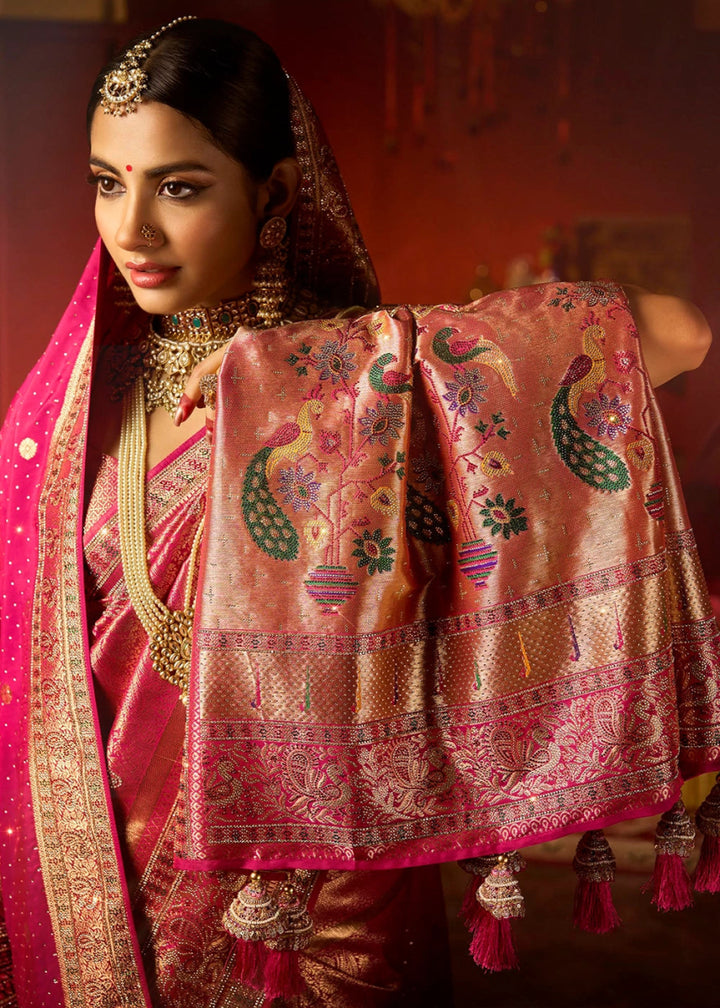 Magenta Pink Kadwa Kasab Silk Saree with Swarovski Accents & Zircon Embroidery – With Dupatta - House of Sarvati LLC