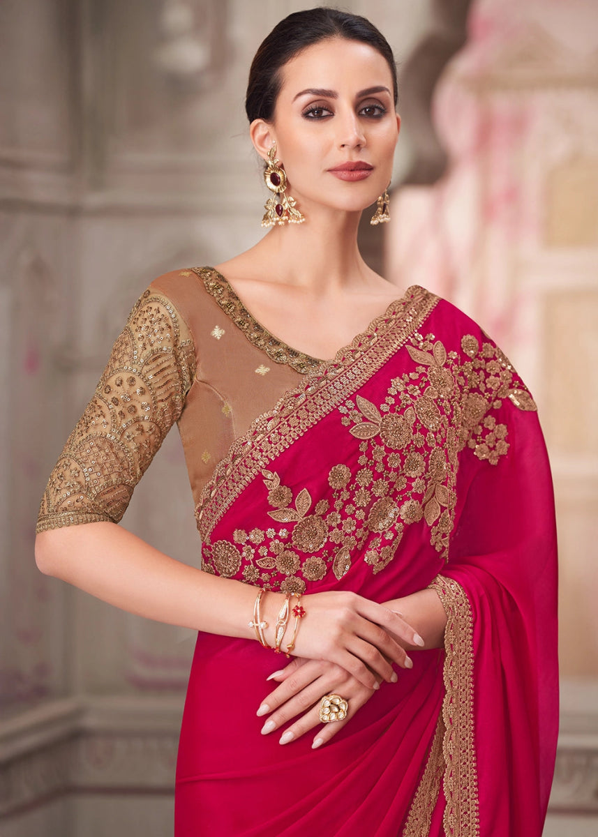 Magenta Pink Satin Silk Saree With Detailed Embroidery And Luxe Appeal - House of Sarvati LLC