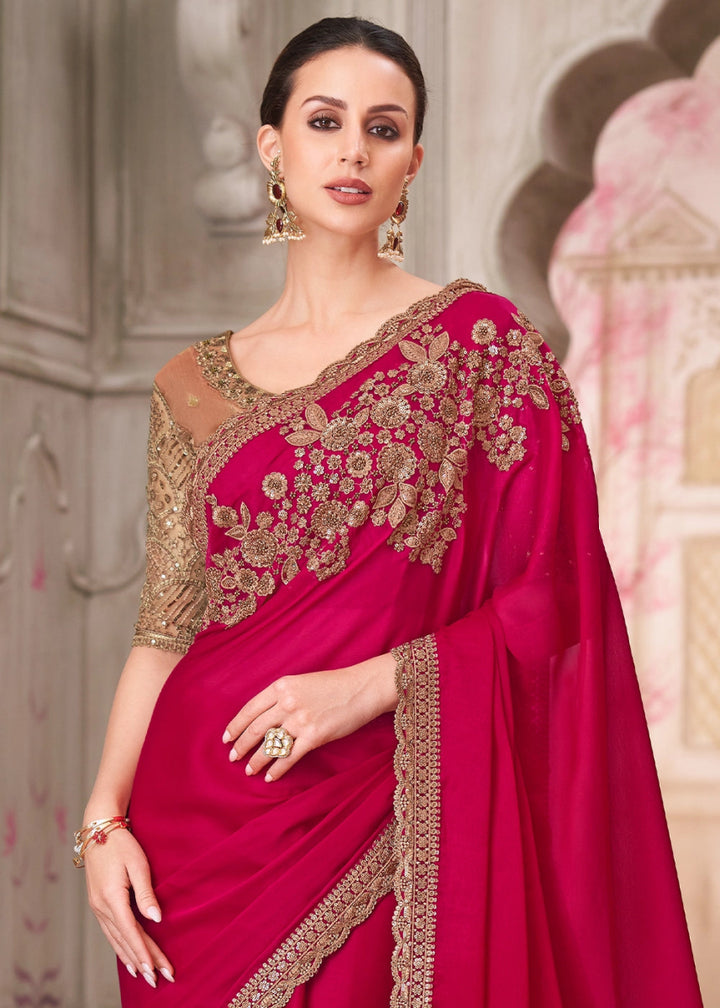 Magenta Pink Satin Silk Saree With Detailed Embroidery And Luxe Appeal - House of Sarvati LLC