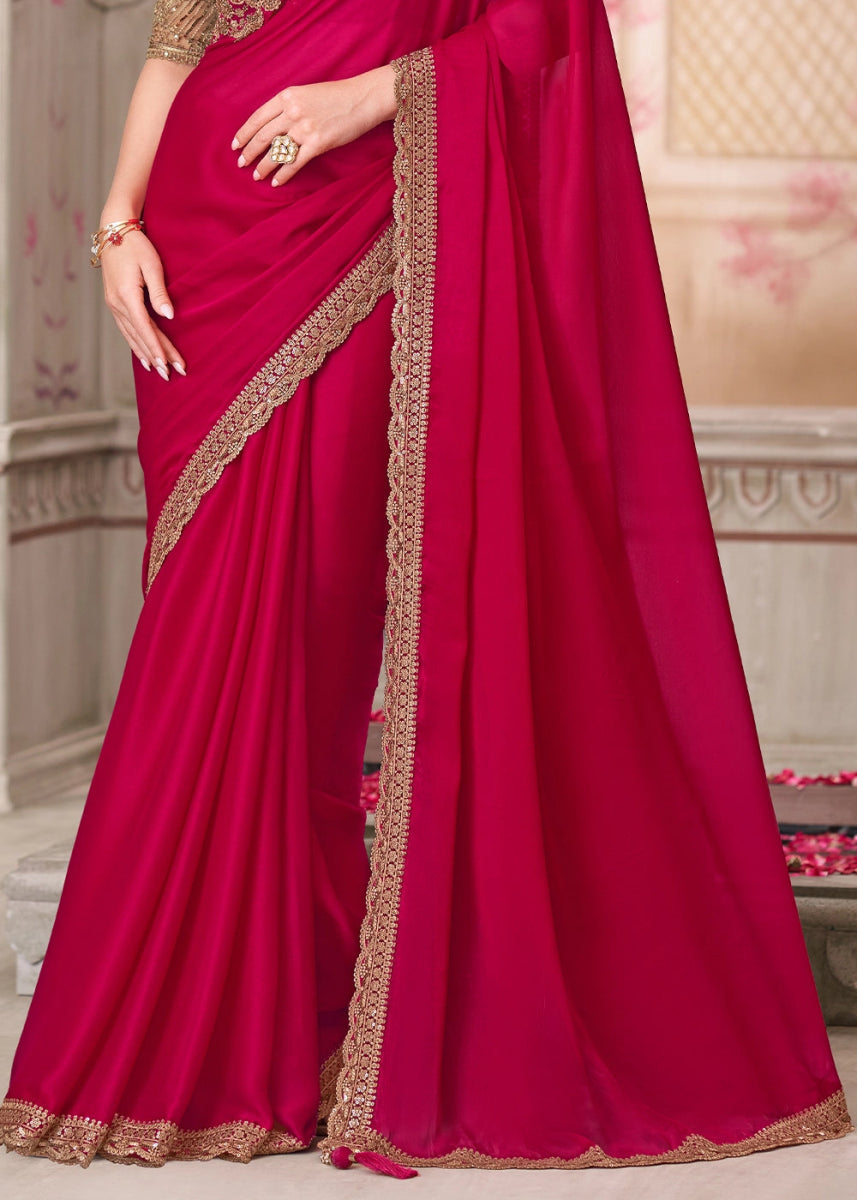 Magenta Pink Satin Silk Saree With Detailed Embroidery And Luxe Appeal - House of Sarvati LLC