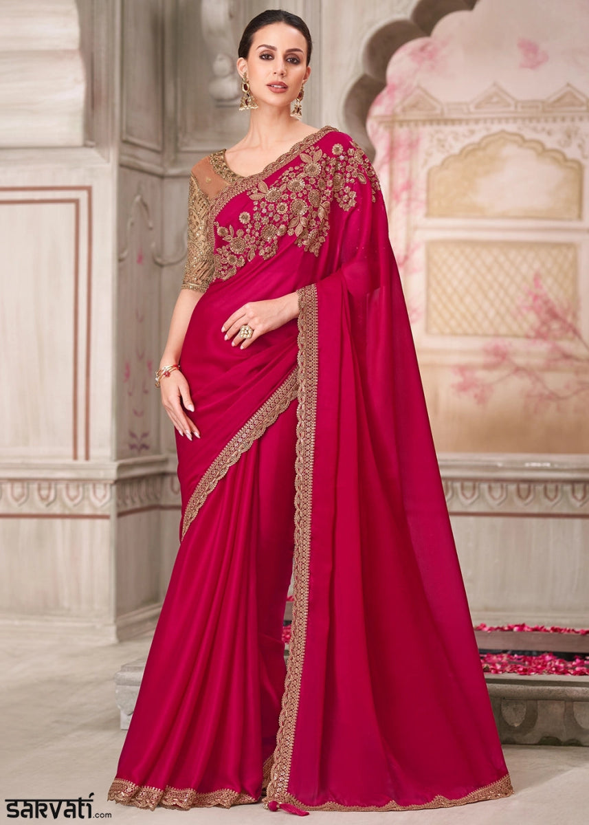Magenta Pink Satin Silk Saree With Detailed Embroidery And Luxe Appeal - House of Sarvati LLC
