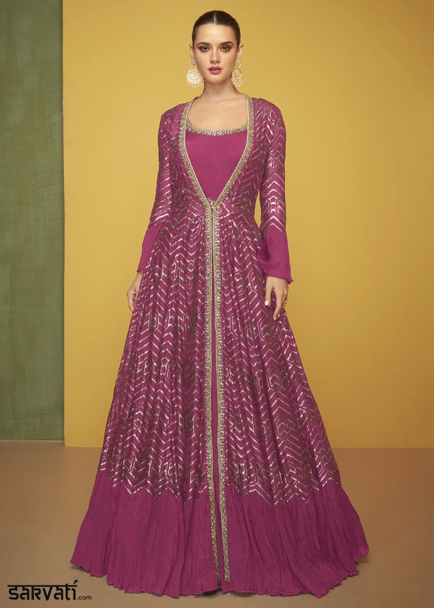 Magenta Pink Silk Anarkali Gown Featuring Intricate Embroidery And Stylish Long Jacket - House of Sarvati LLC