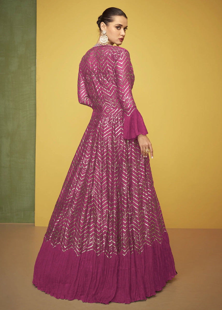 Magenta Pink Silk Anarkali Gown Featuring Intricate Embroidery And Stylish Long Jacket - House of Sarvati LLC