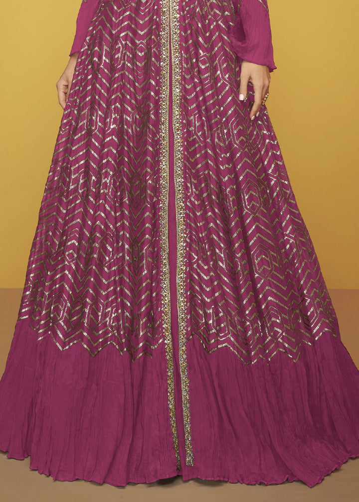 Magenta Pink Silk Anarkali Gown Featuring Intricate Embroidery And Stylish Long Jacket - House of Sarvati LLC