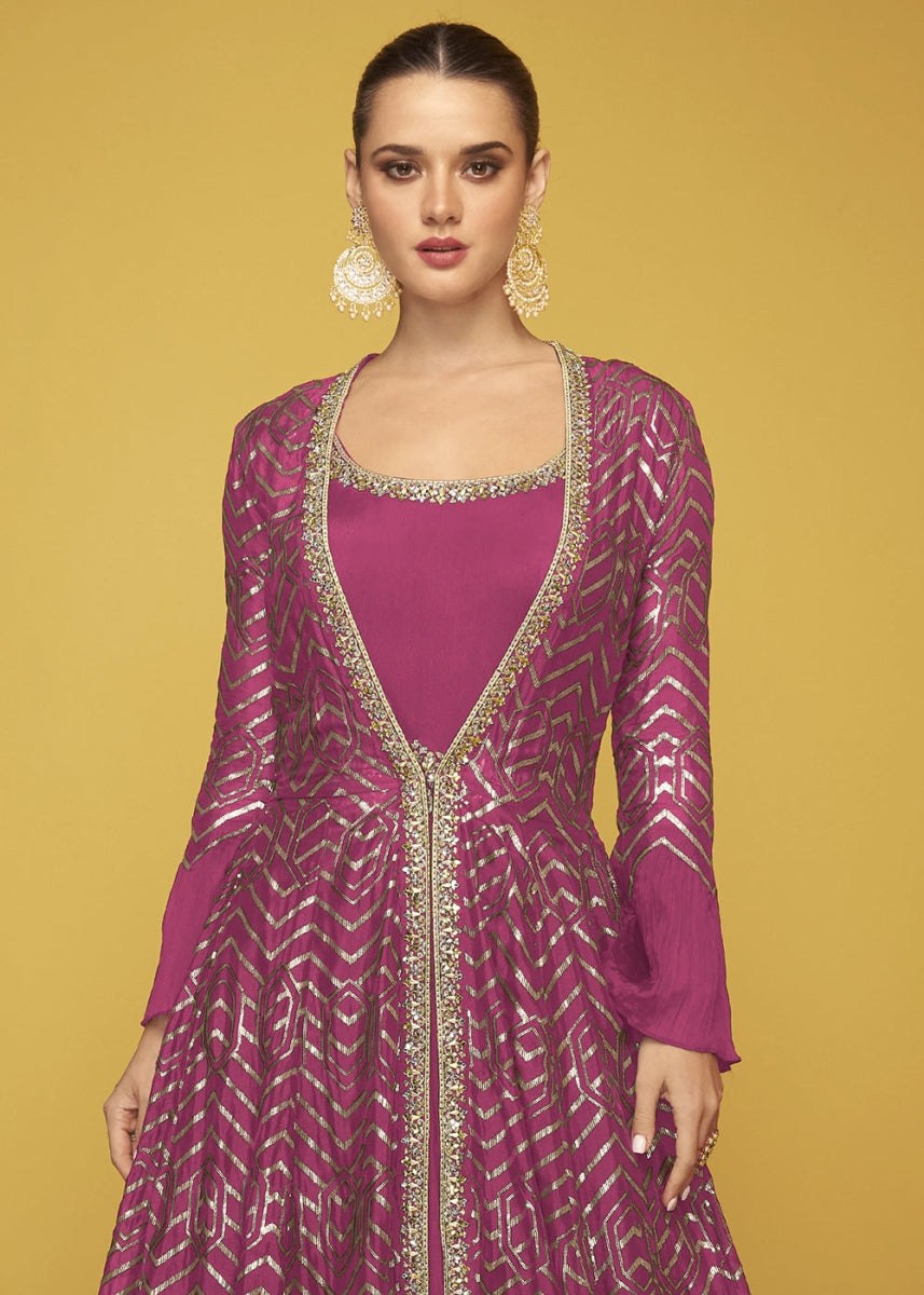 Magenta Pink Silk Anarkali Gown Featuring Intricate Embroidery And Stylish Long Jacket - House of Sarvati LLC