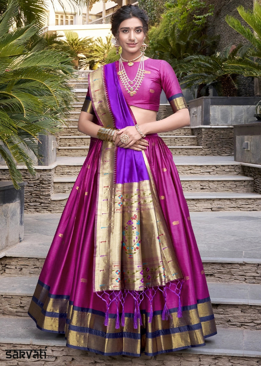 Magenta Pink Silk Lehenga Choli Featuring Paithani Jacquard Weaving - House of Sarvati LLC