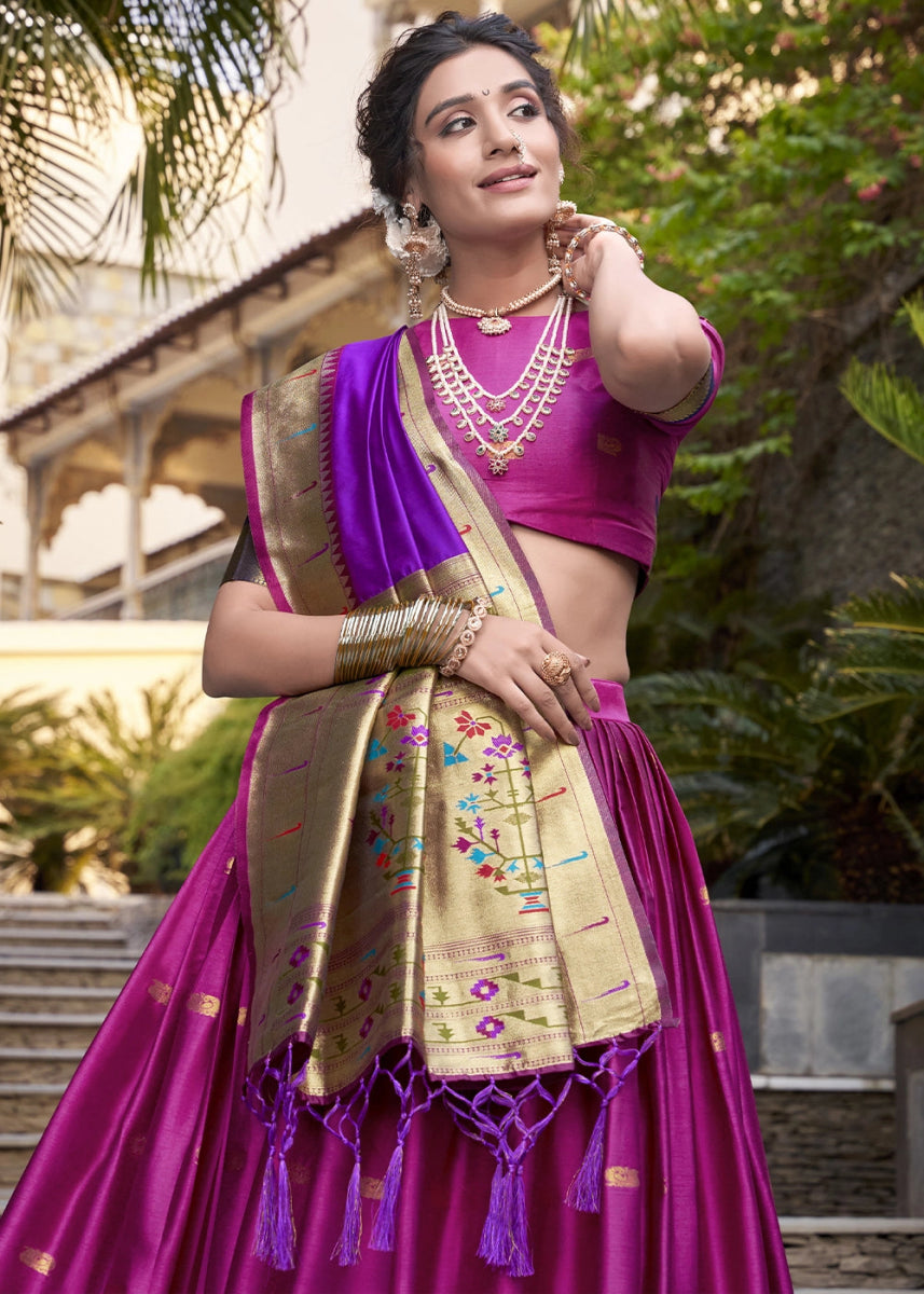 Magenta Pink Silk Lehenga Choli Featuring Paithani Jacquard Weaving - House of Sarvati LLC