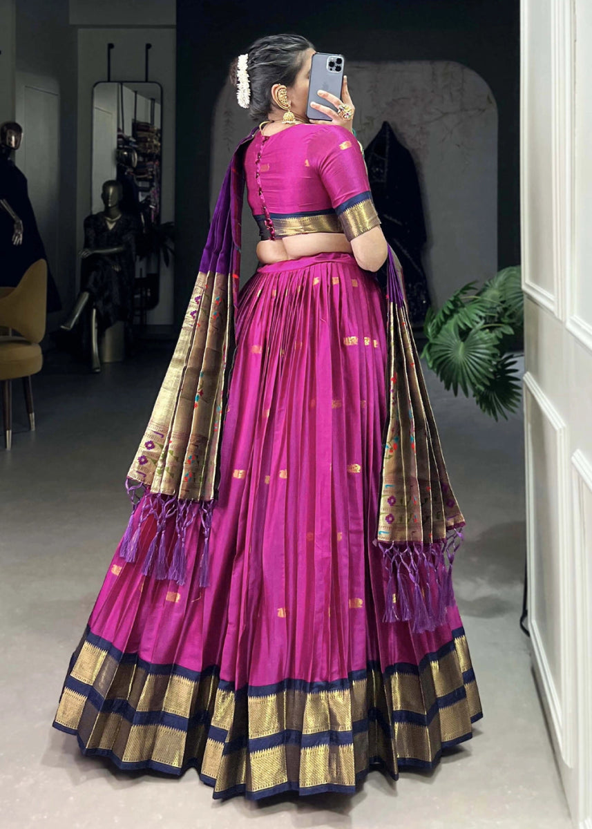 Magenta Pink Silk Lehenga Choli Featuring Paithani Jacquard Weaving - House of Sarvati LLC