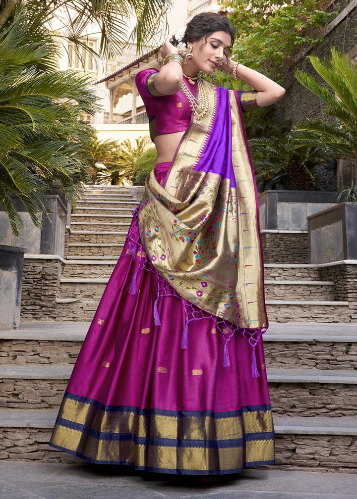 Magenta Pink Silk Lehenga Choli Featuring Paithani Jacquard Weaving - House of Sarvati LLC