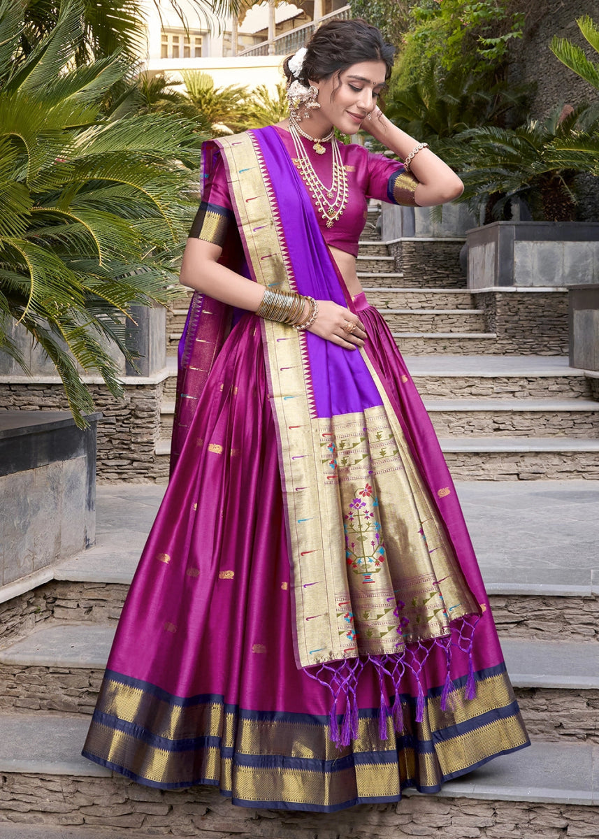 Magenta Pink Silk Lehenga Choli Featuring Paithani Jacquard Weaving - House of Sarvati LLC