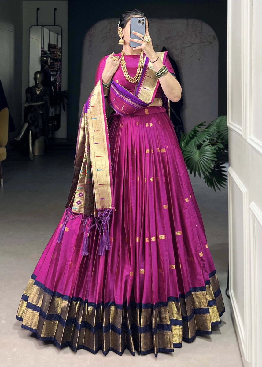 Magenta Pink Silk Lehenga Choli Featuring Paithani Jacquard Weaving - House of Sarvati LLC