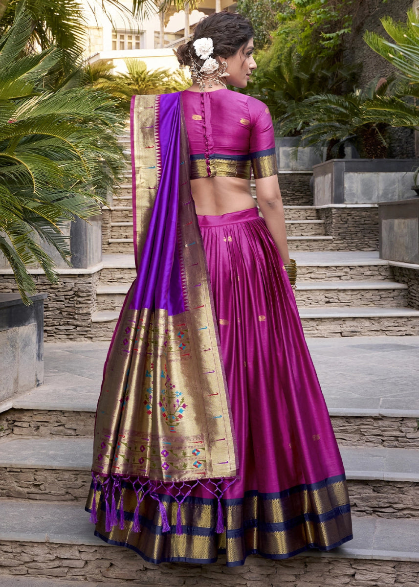 Magenta Pink Silk Lehenga Choli Featuring Paithani Jacquard Weaving - House of Sarvati LLC