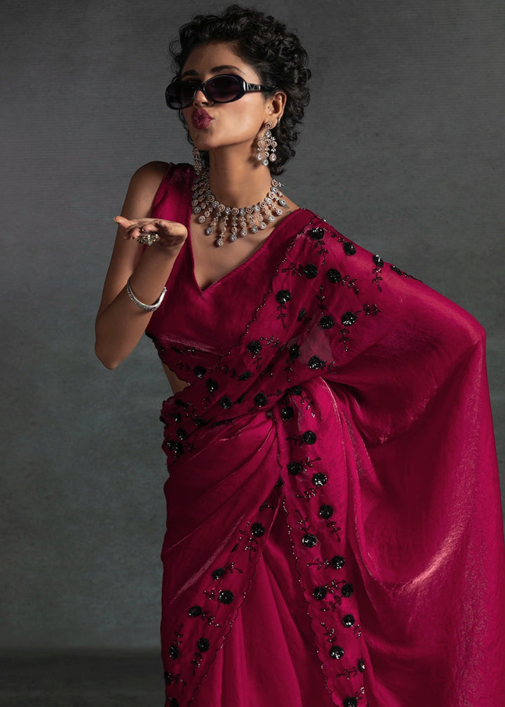 Magenta Pink Two Tone Satin Silk Saree with Intricate Zarkan & cut work Border - House of Sarvati LLC