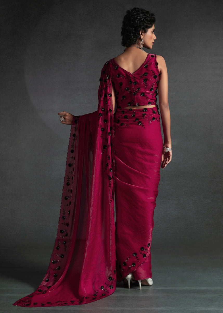 Magenta Pink Two Tone Satin Silk Saree with Intricate Zarkan & cut work Border - House of Sarvati LLC