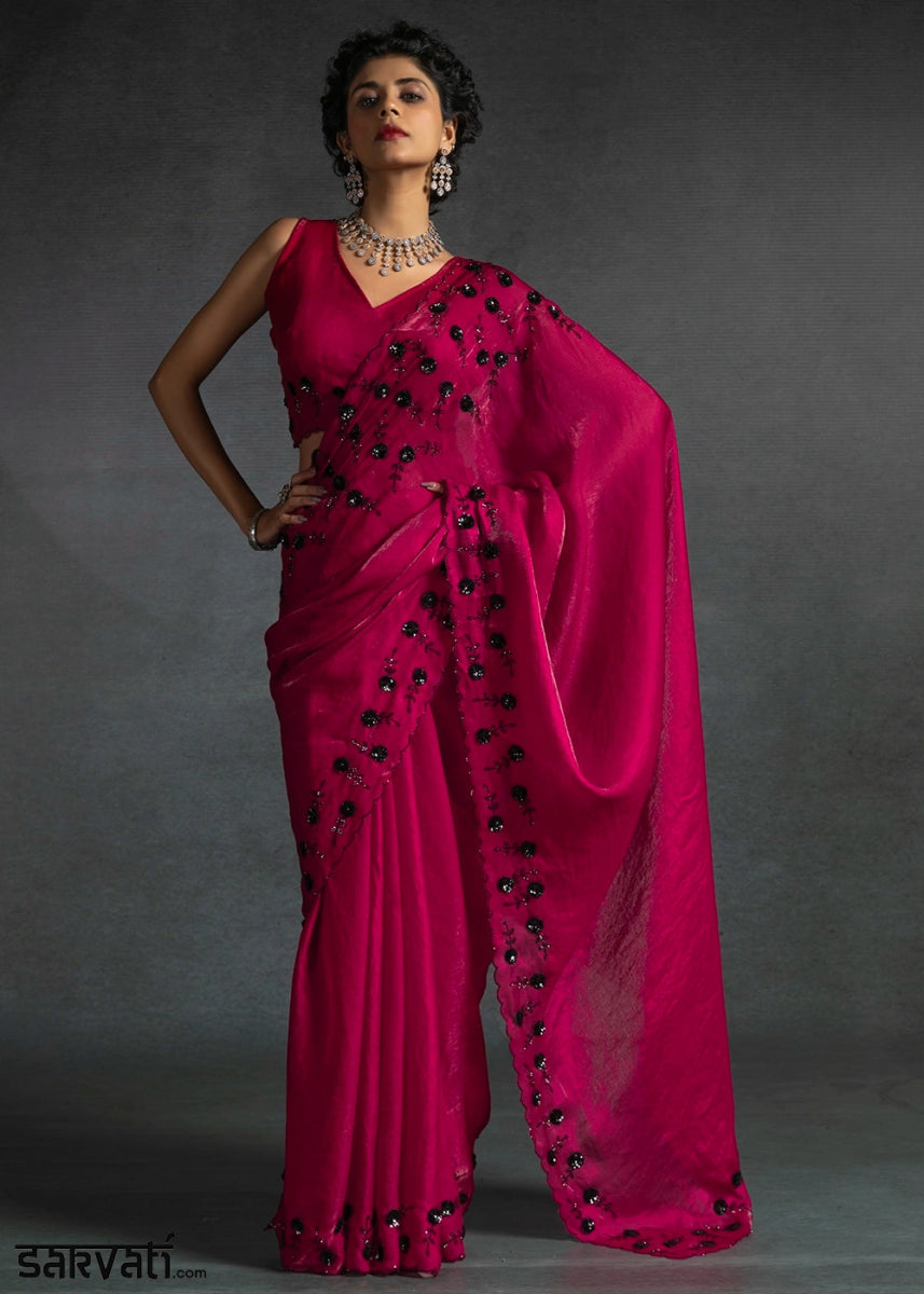 Magenta Pink Two Tone Satin Silk Saree with Intricate Zarkan & cut work Border - House of Sarvati LLC