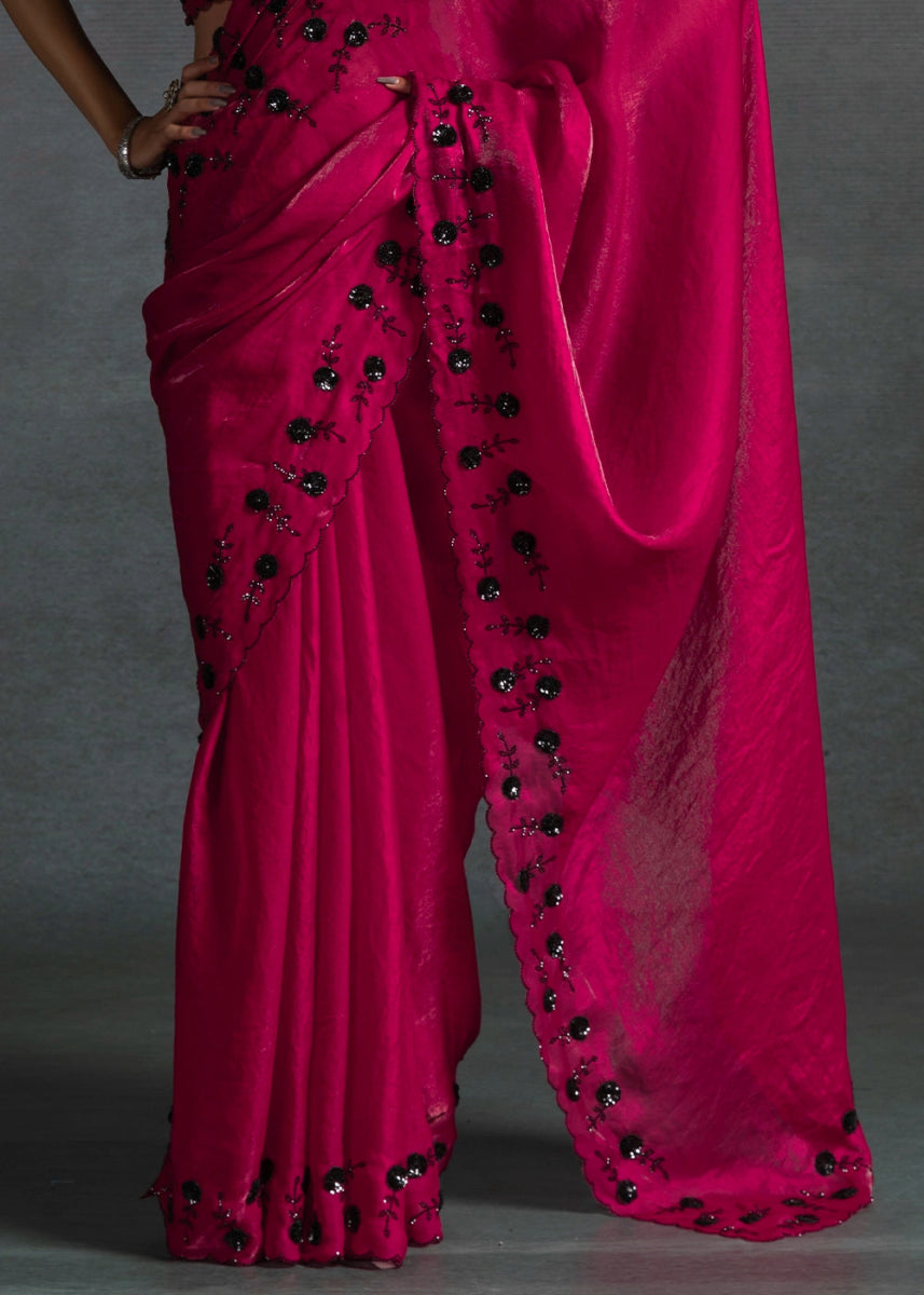Magenta Pink Two Tone Satin Silk Saree with Intricate Zarkan & cut work Border - House of Sarvati LLC