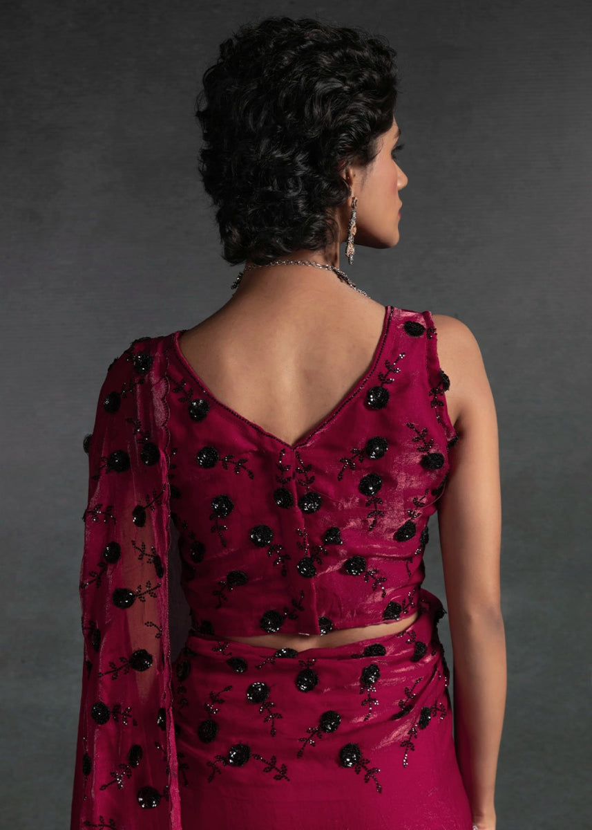Magenta Pink Two Tone Satin Silk Saree with Intricate Zarkan & cut work Border - House of Sarvati LLC