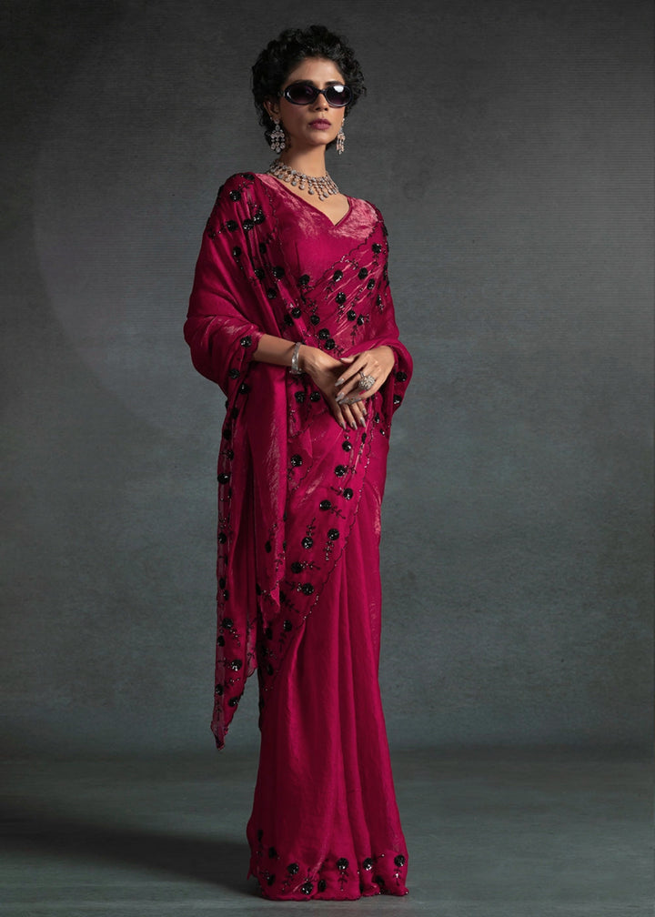 Magenta Pink Two Tone Satin Silk Saree with Intricate Zarkan & cut work Border - House of Sarvati LLC