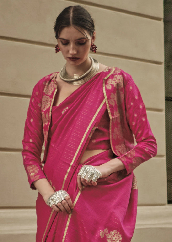 Magenta Pink Zari Woven Saree In Soft Satin Silk With Luxe Finish - House of Sarvati LLC