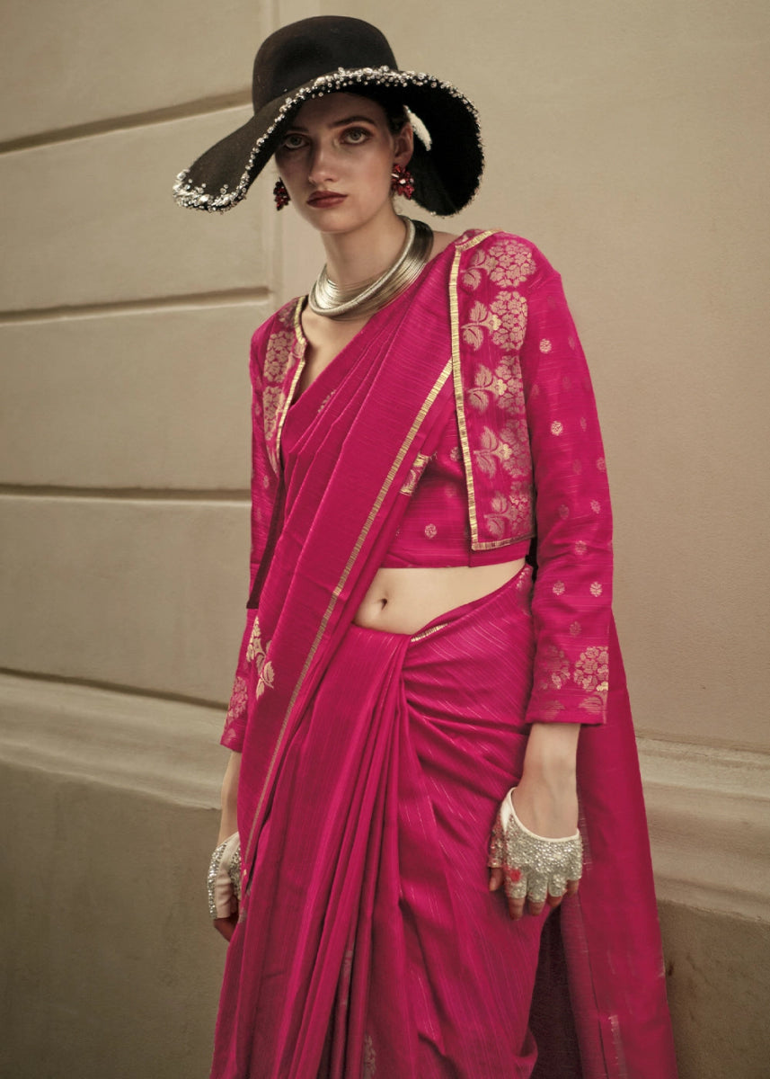 Magenta Pink Zari Woven Saree In Soft Satin Silk With Luxe Finish - House of Sarvati LLC