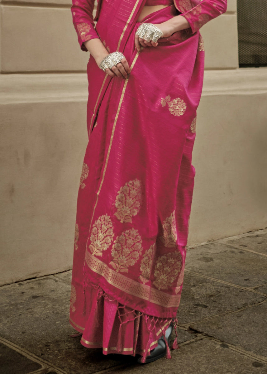 Magenta Pink Zari Woven Saree In Soft Satin Silk With Luxe Finish - House of Sarvati LLC