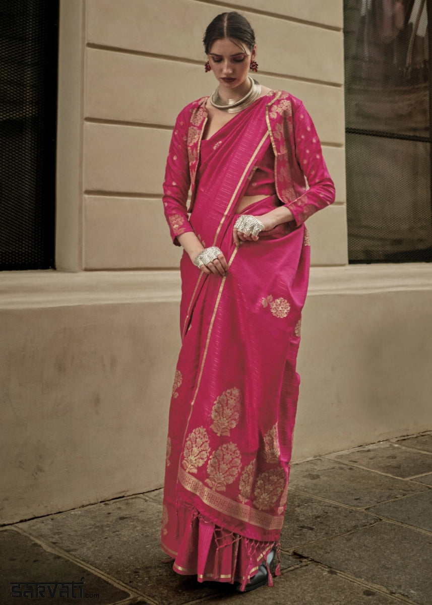 Magenta Pink Zari Woven Saree In Soft Satin Silk With Luxe Finish - House of Sarvati LLC