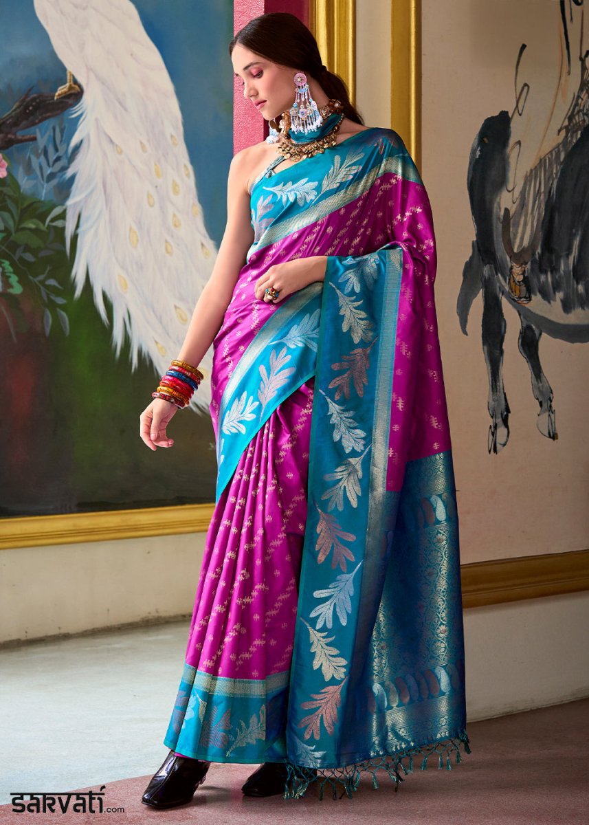 Magenta Purple Banarasi Silk Saree with Contrasting Pallu and Woven Zari - House of Sarvati LLC