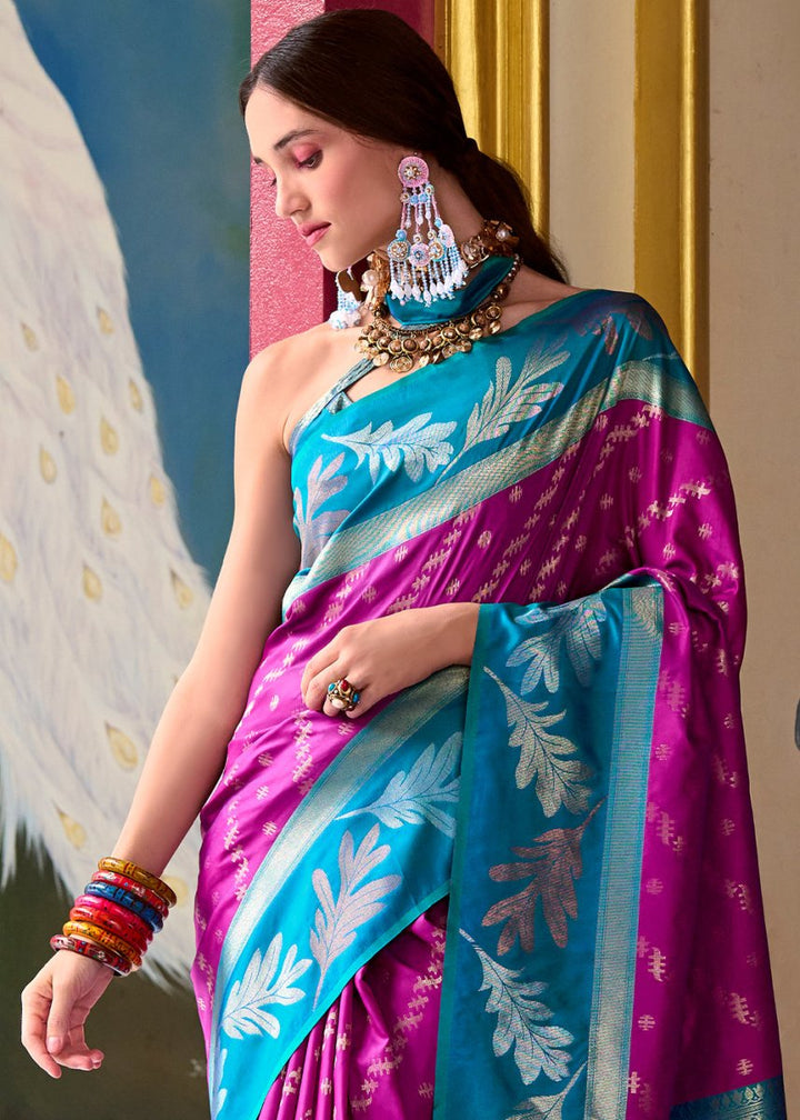 Magenta Purple Banarasi Silk Saree with Contrasting Pallu and Woven Zari - House of Sarvati LLC